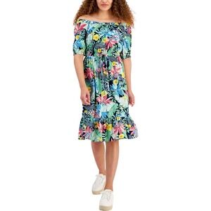 Alfred Dunner Floral‎ Off Shoulder Midi Dress Ruffle Hem Tropical Print Size XXL